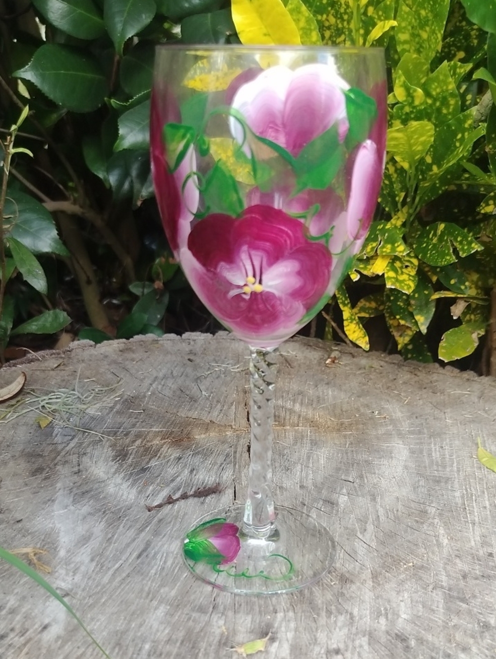 Hand-Painted Gorgeous Pink Floral Wine Glass
